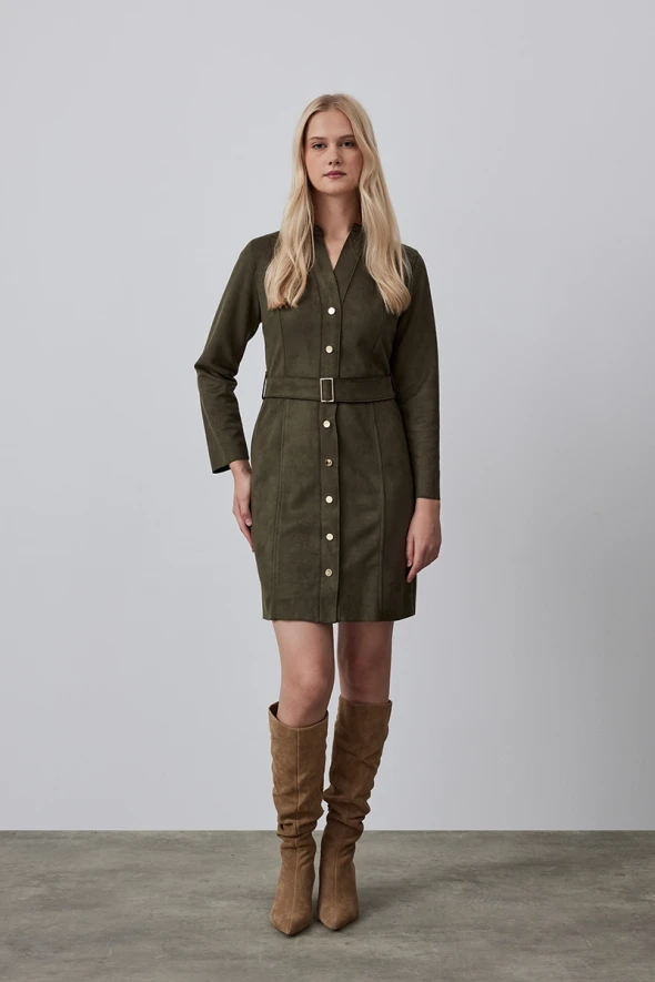 Suede Dress with Waist Belt - Khaki - 1