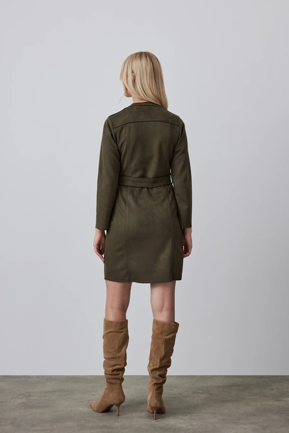 Suede Dress with Waist Belt - Khaki - 4