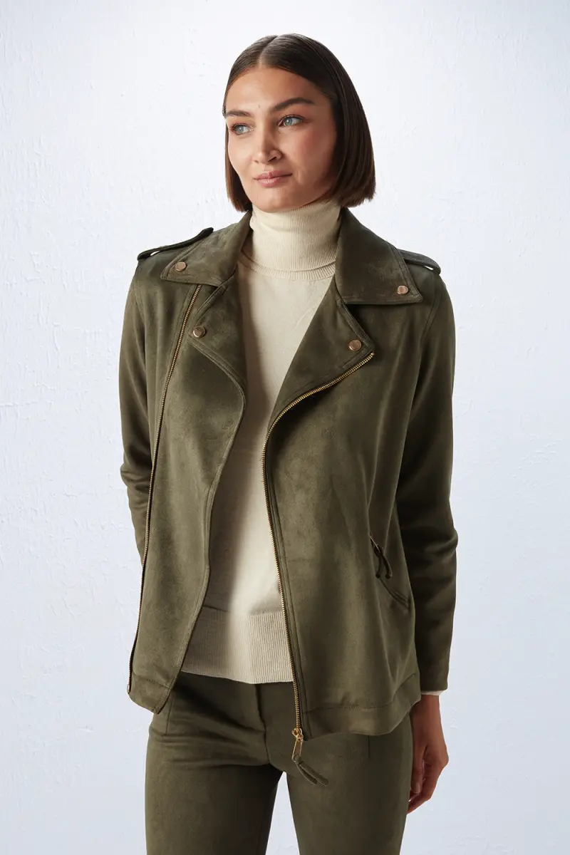 Khaki faux sale suede biker jacket