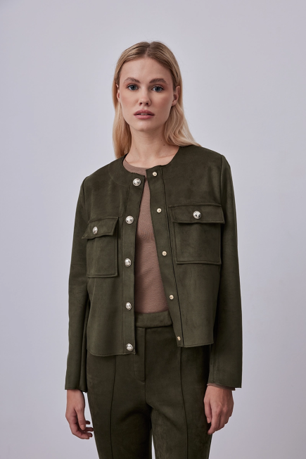 Suede Jacket with Front Snap - Khaki - Gusto