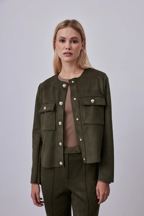 Suede Jacket with Front Snap - Khaki - 1