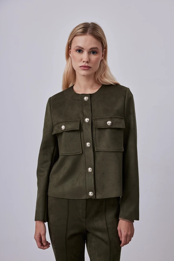 Suede Jacket with Front Snap - Khaki - 3