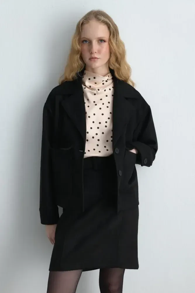 Suede Jacket with Pockets - Black - Gusto