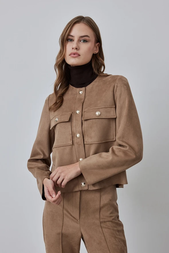 Suede Jacket with Snap Front - Beige - 1