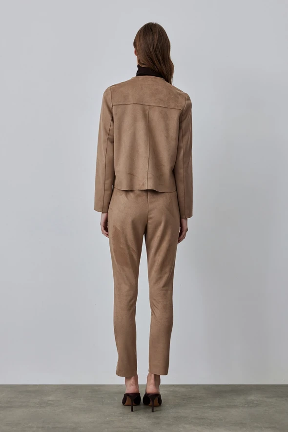 Suede Jacket with Snap Front - Beige - 4