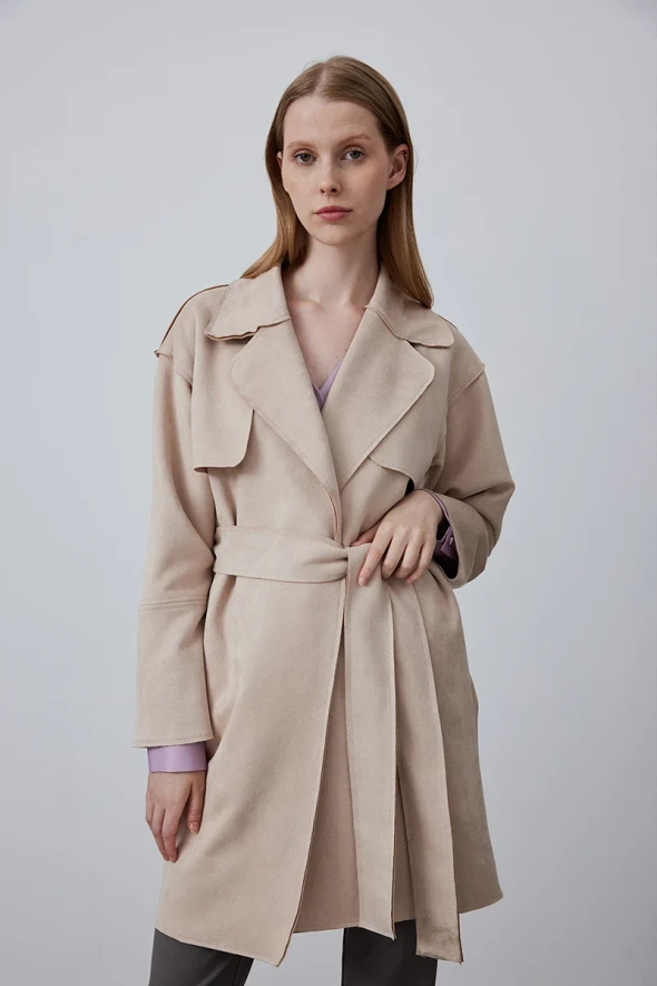 Suede Trench Coat - Beige - 2