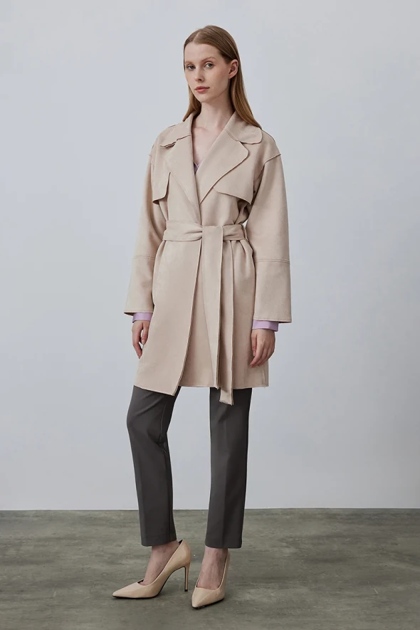 Suede Trench Coat - Beige - 1