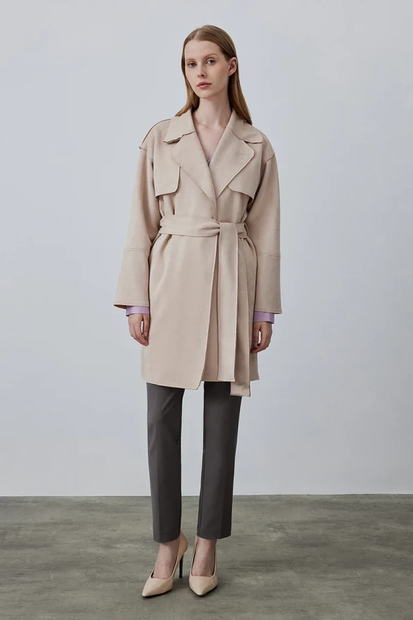 Suede Trench Coat - Beige - 3