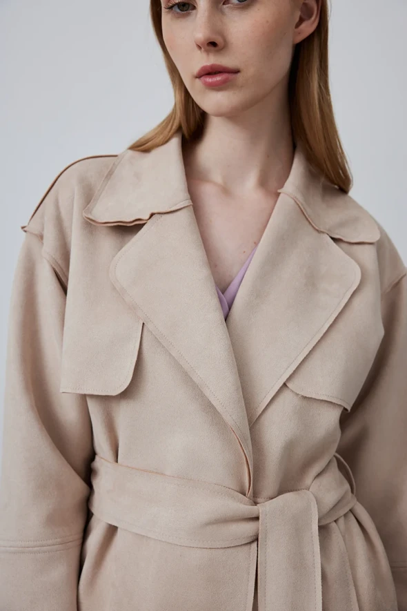 Suede Trench Coat - Beige - 4