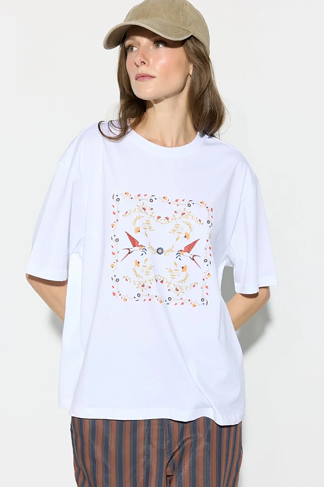 Swallow Print Relaxed Fit Cotton T-Shirt - White White