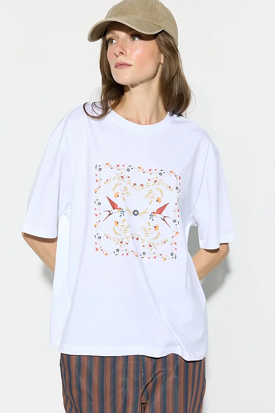 Swallow Print Relaxed Fit Cotton T-Shirt - White - 1