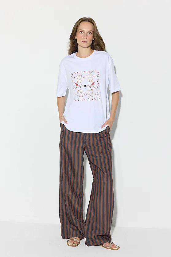 Swallow Print Relaxed Fit Cotton T-Shirt - White - 2