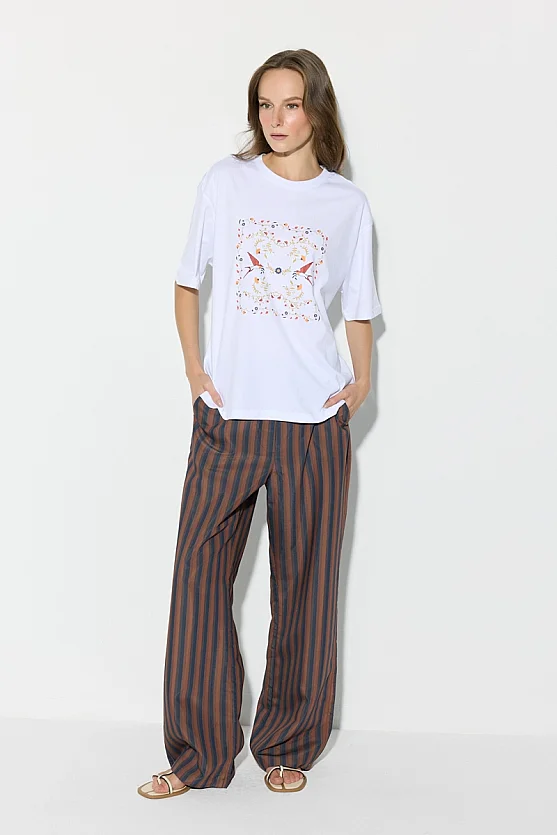 Swallow Print Relaxed Fit Cotton T-Shirt - White - 3