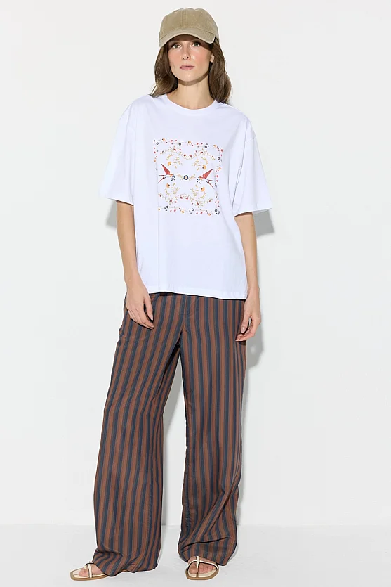 Swallow Print Relaxed Fit Cotton T-Shirt - White - 4