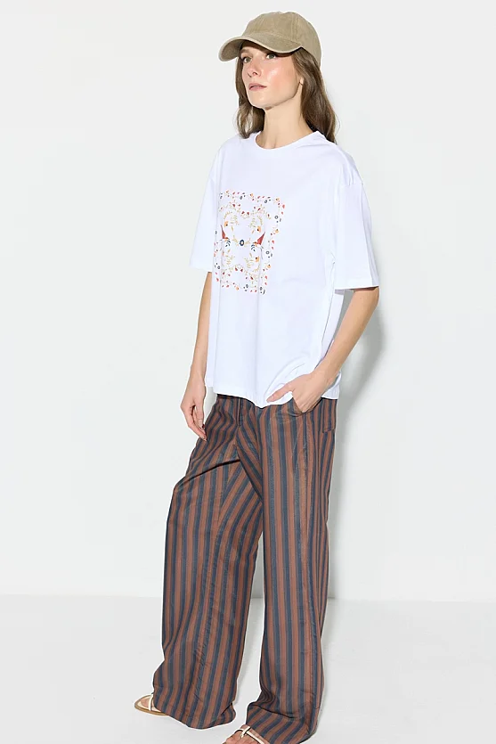 Swallow Print Relaxed Fit Cotton T-Shirt - White - 5