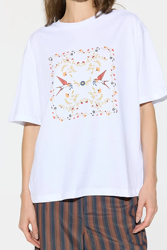Swallow Print Relaxed Fit Cotton T-Shirt - White - 6
