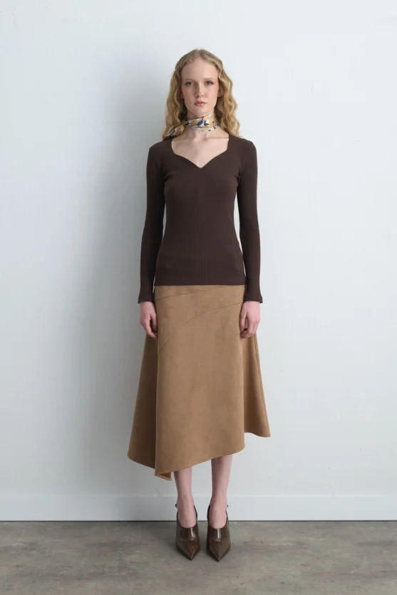 Sweetheart Neck Cotton Blouse Brown - Gusto