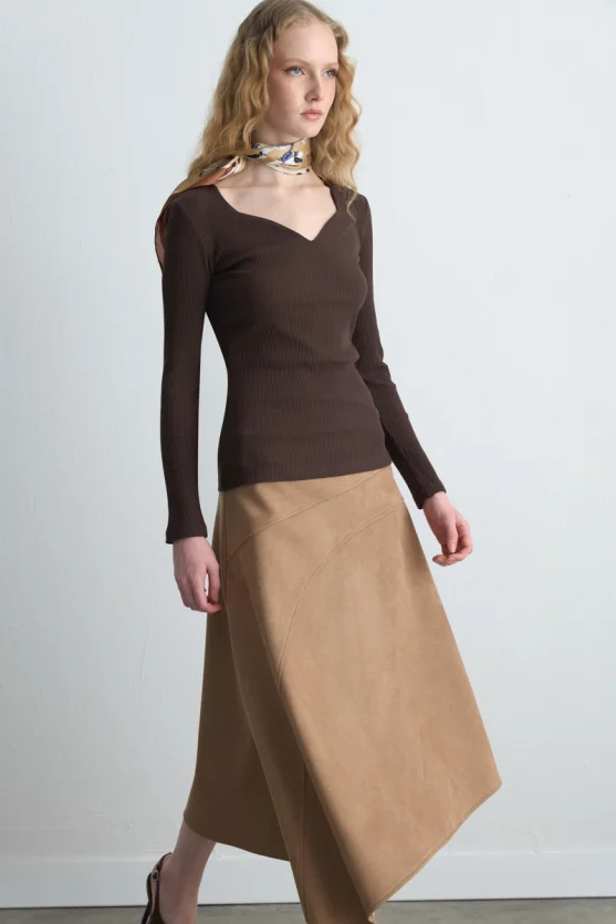 Sweetheart Neck Cotton Blouse Brown - Gusto