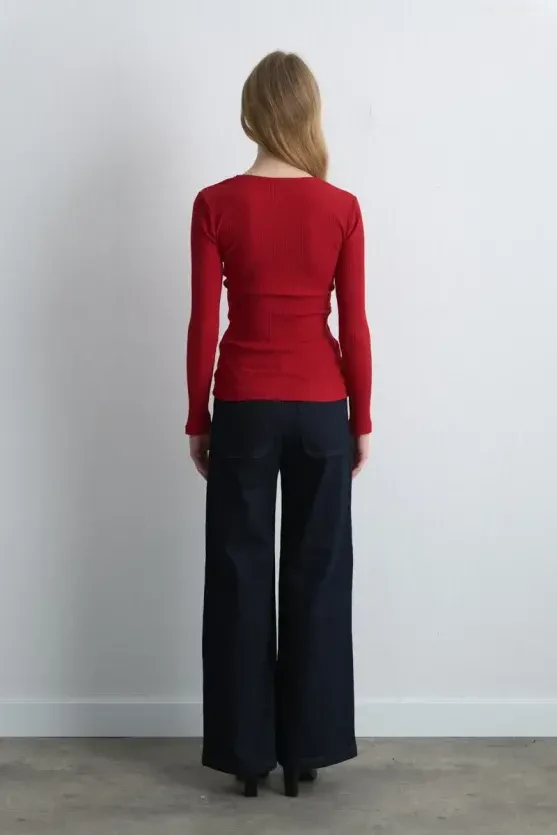 Sweetheart Neck Cotton Blouse - Red - Gusto