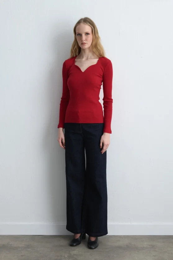 Sweetheart Neck Cotton Blouse Red - Gusto