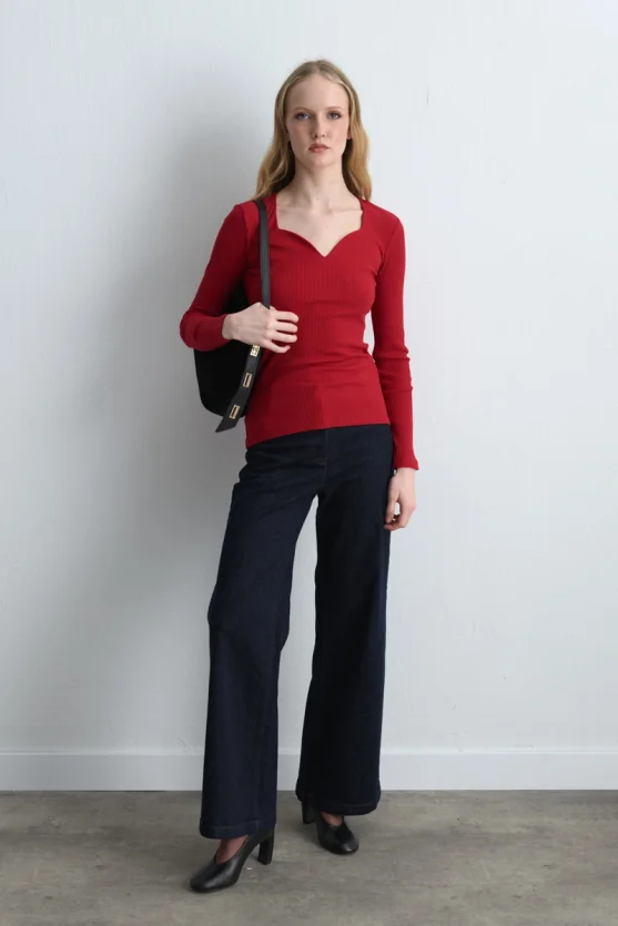 Sweetheart Neck Cotton Blouse Red - 2