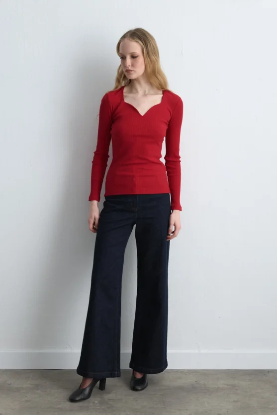 Sweetheart Neck Cotton Blouse Red - 4