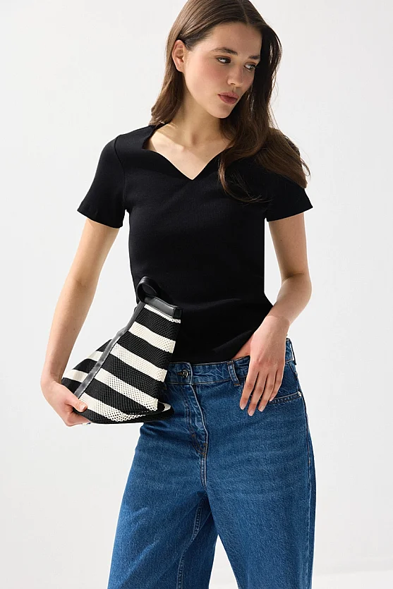 Sweetheart Neck Cotton Ribbed Blouse - Black - Gusto