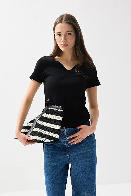 Sweetheart Neck Cotton Ribbed Blouse - Black - 3