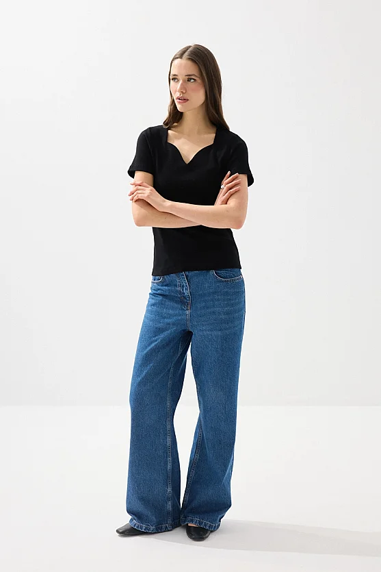 Sweetheart Neck Cotton Ribbed Blouse - Black - Gusto