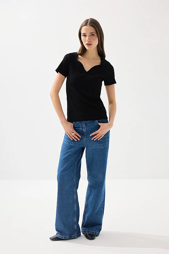 Sweetheart Neck Cotton Ribbed Blouse - Black - Gusto