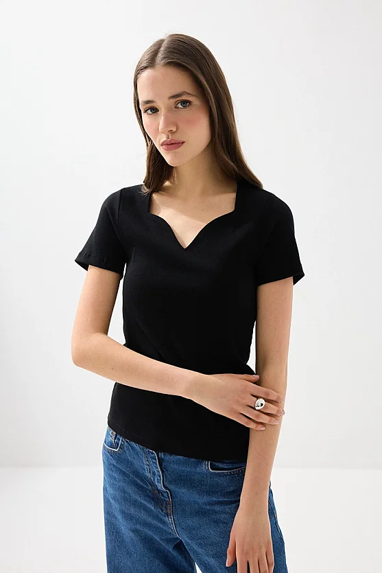 Sweetheart Neck Cotton Ribbed Blouse - Black - Gusto