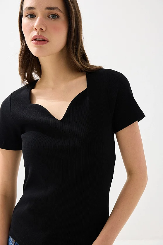 Sweetheart Neck Cotton Ribbed Blouse - Black - Gusto