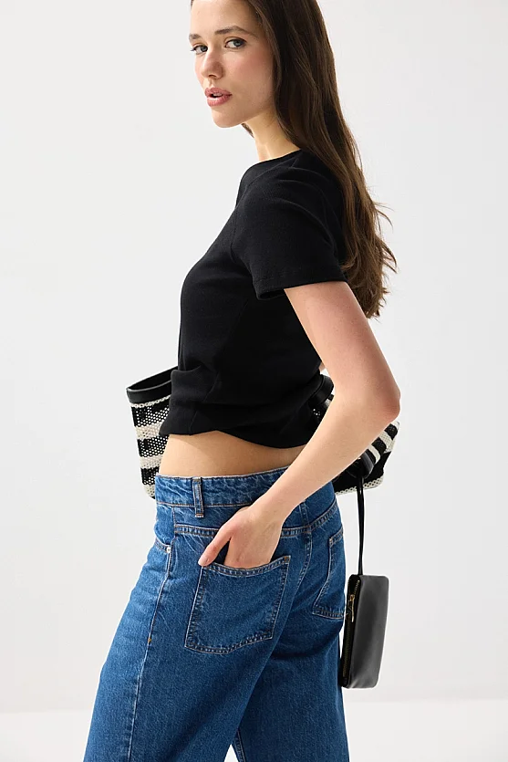 Sweetheart Neck Cotton Ribbed Blouse - Black - 8