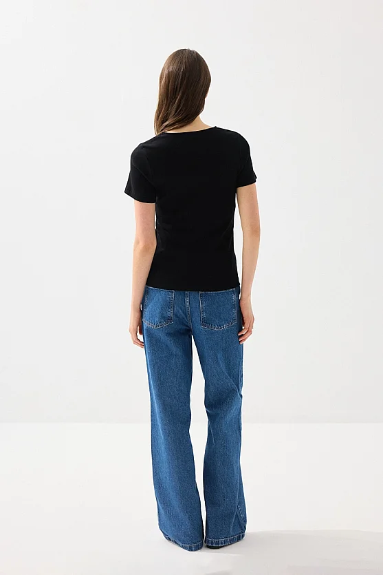 Sweetheart Neck Cotton Ribbed Blouse - Black - 9