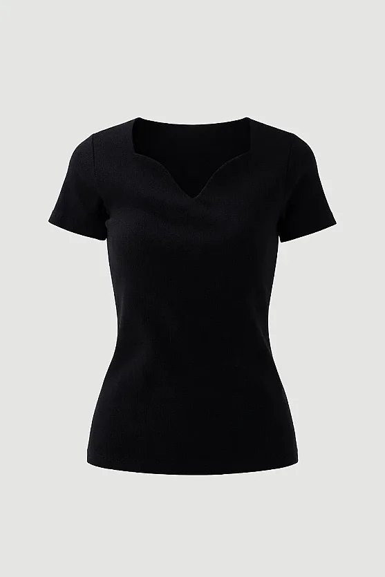 Sweetheart Neck Cotton Ribbed Blouse - Black - 10