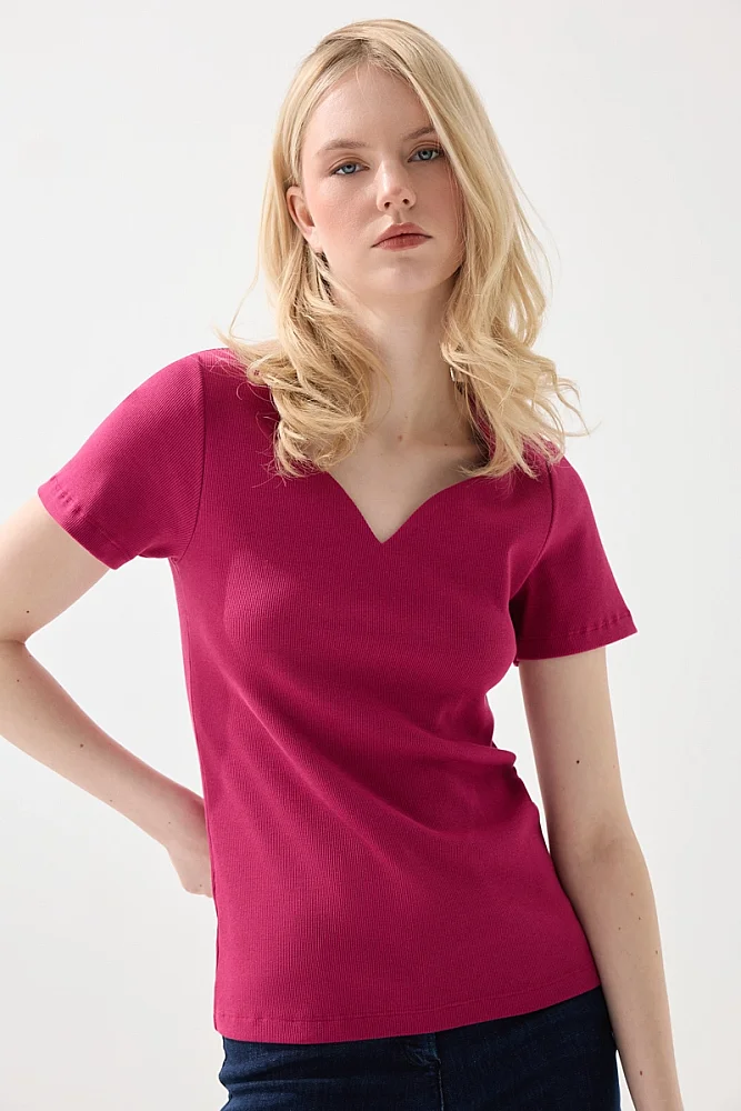Sweetheart Neck Cotton Ribbed Blouse - Fuchsia Fuchsia