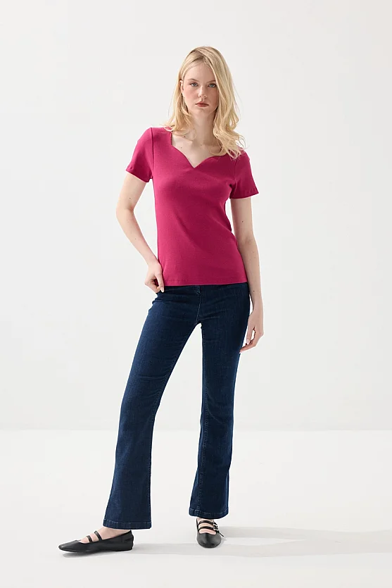 Sweetheart Neck Cotton Ribbed Blouse - Fuchsia - Gusto