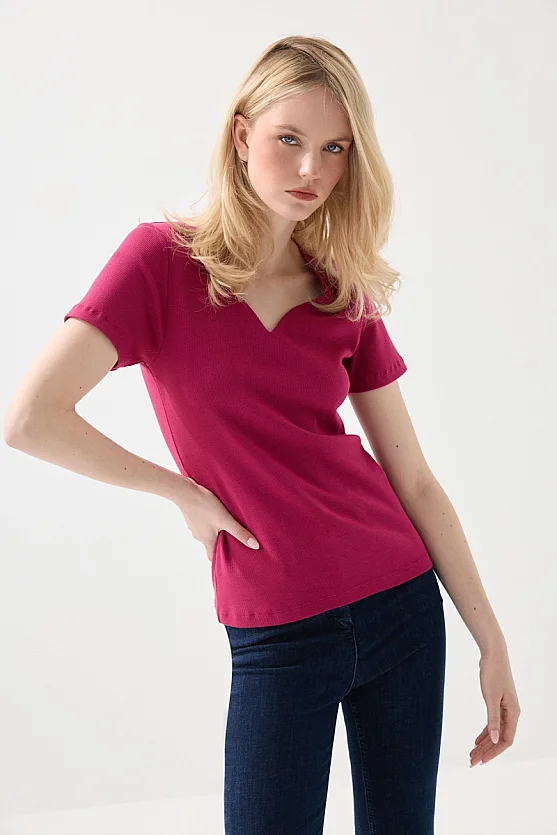 Sweetheart Neck Cotton Ribbed Blouse - Fuchsia - Gusto
