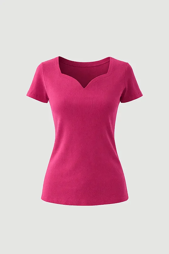 Sweetheart Neck Cotton Ribbed Blouse - Fuchsia - Gusto