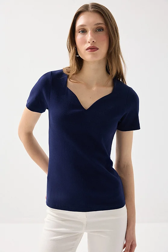Sweetheart Neck Cotton Ribbed Blouse - Navy Blue - Gusto