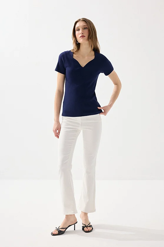 Sweetheart Neck Cotton Ribbed Blouse - Navy Blue - 2