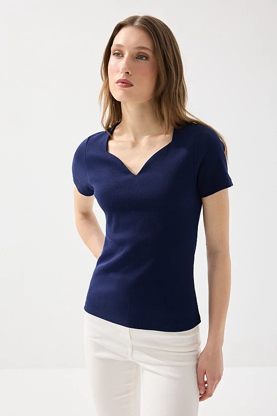 Sweetheart Neck Cotton Ribbed Blouse - Navy Blue - Gusto