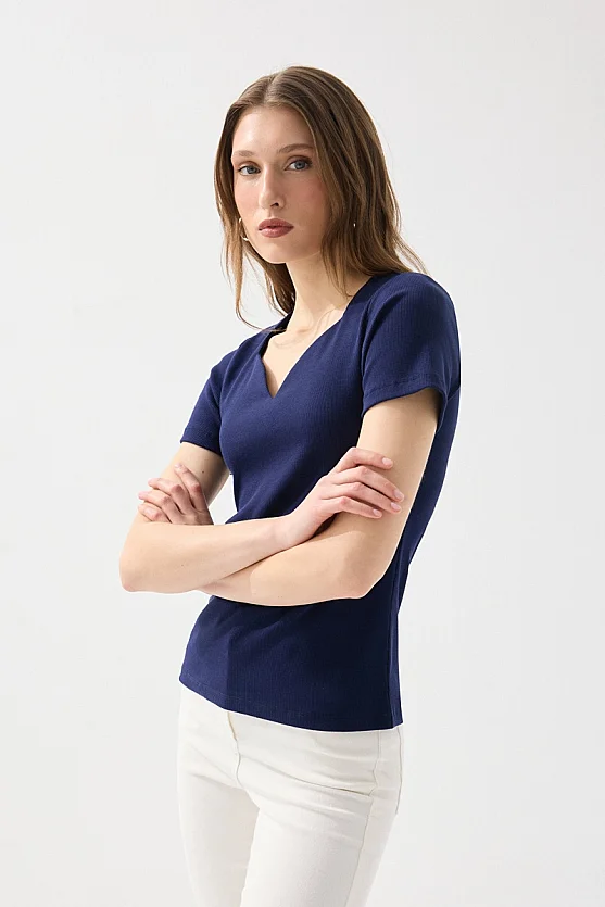 Sweetheart Neck Cotton Ribbed Blouse - Navy Blue - Gusto