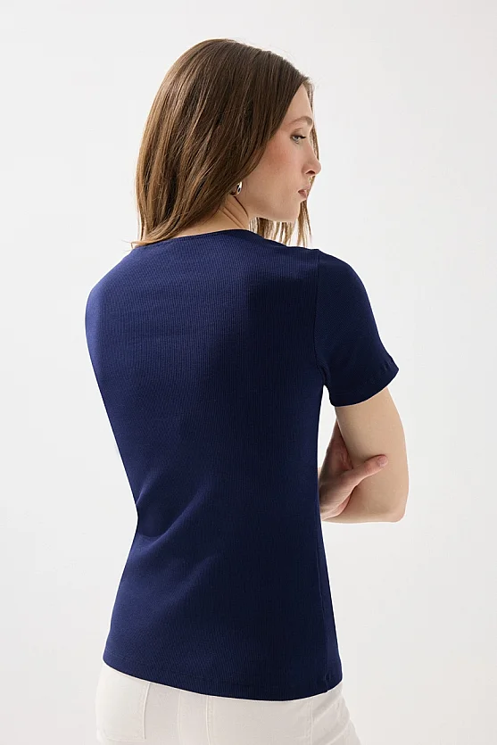 Sweetheart Neck Cotton Ribbed Blouse - Navy Blue - Gusto