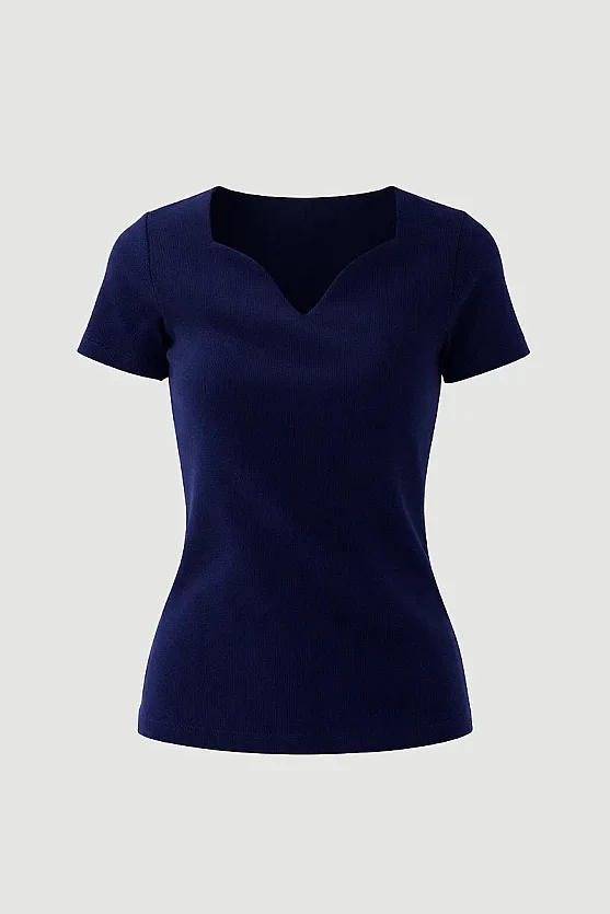 Sweetheart Neck Cotton Ribbed Blouse - Navy Blue - 6