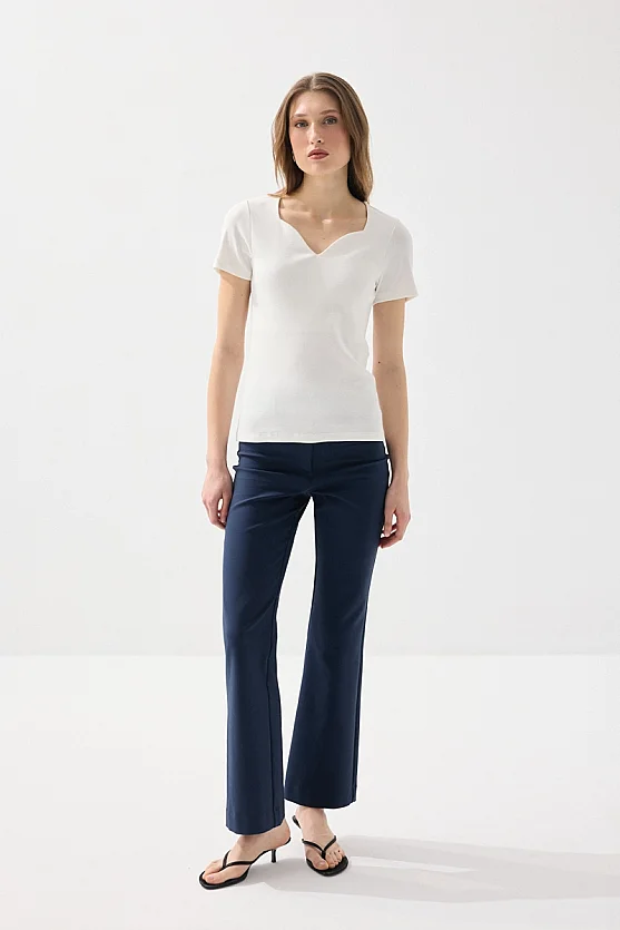 Sweetheart Neck Cotton Ribbed Blouse - White - Gusto