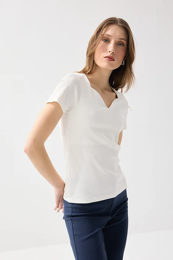 Sweetheart Neck Cotton Ribbed Blouse - White - Gusto