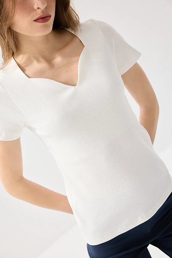 Sweetheart Neck Cotton Ribbed Blouse - White - Gusto