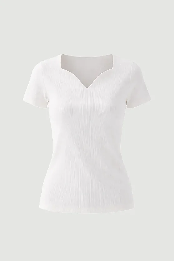Sweetheart Neck Cotton Ribbed Blouse - White - Gusto