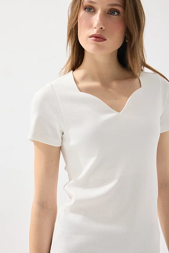 Sweetheart Neck Cotton Ribbed Blouse - White - Gusto